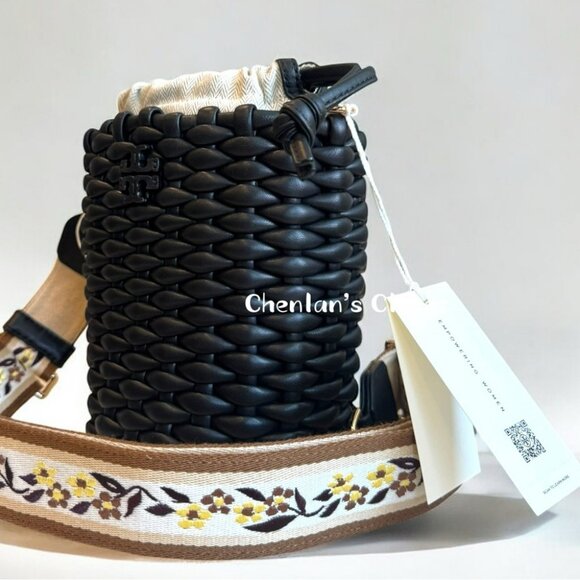Tory Burch Emerson Woven Mini Bucket Bag Black With Gold Hardware - Picture 8 of 13